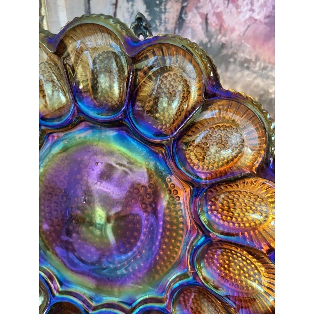 Vintage Indiana Glass Hobnail Deviled Egg Plate Amber Carnival Iridescent 11.25”